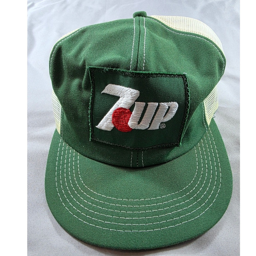 Vintage 80s 7Up Patch Hat Mens Green Mesh Snapback USA Unitog Employee